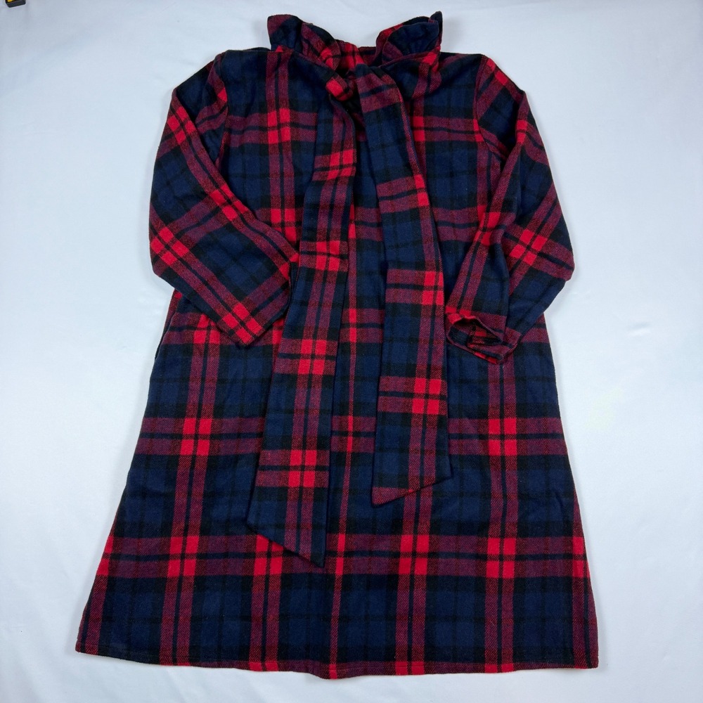 Unbranded Plaid Shift Dress Womens Medium Red Navy Ruffle Neck Back Tie Festive - Picture 2 of 7